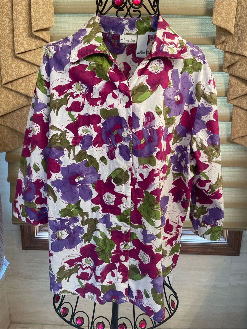 Kim Rogers 3/4 Sleeve Embroidered Floral Collared Button Size 16 Petite Blouse
